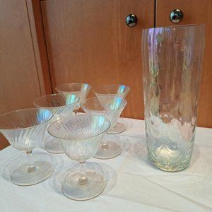 Vintage Mid-Century Rainbow Swirl Iridescent Cocktail Glasses and Pitcher